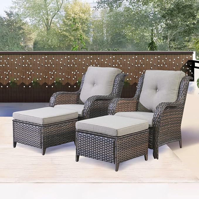 Rilyson Luxury 4 Pieces Patio Wicker Furniture Ottomans, Wicker Patio Chairs Set of 2 with Ottoman, Rattan Outdoor Porch Chair with Thick Cushion for Balcony Deck Yard and Porch (Brown/Grey)