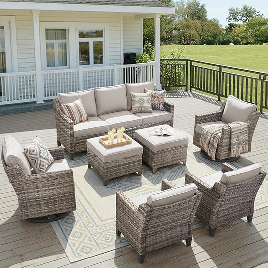 7 Piece Outdoor Patio Wicker Furniture Sets-High Back Outdoor Conversation Set Sectional Sofa with Wicker Swivel Rocker Patio Chairs,Thick Cushions Ottomans for Porch Balcony Patio Deck Grey/Beige