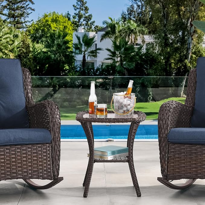 Small Outdoor Side Table - 50 LBS Weight Capacity Wicker Side Table with Storage, Tempered Glass Top Patio Side Table for Porch Balcony Deck Garden - Brown
