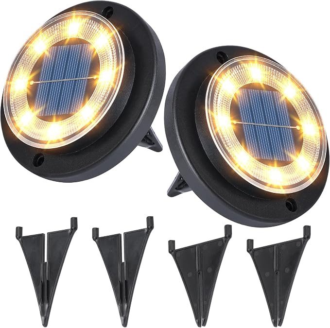 Flacchi Solar Lights Outdoor Waterproof - 2-in-1 Solar Powered Ground Lights Outdoor Solar Disk Light Landscape Light for Deck Step Patio Yard Pathway Walkway Driveway Garden (Warm White, 2 Pack)