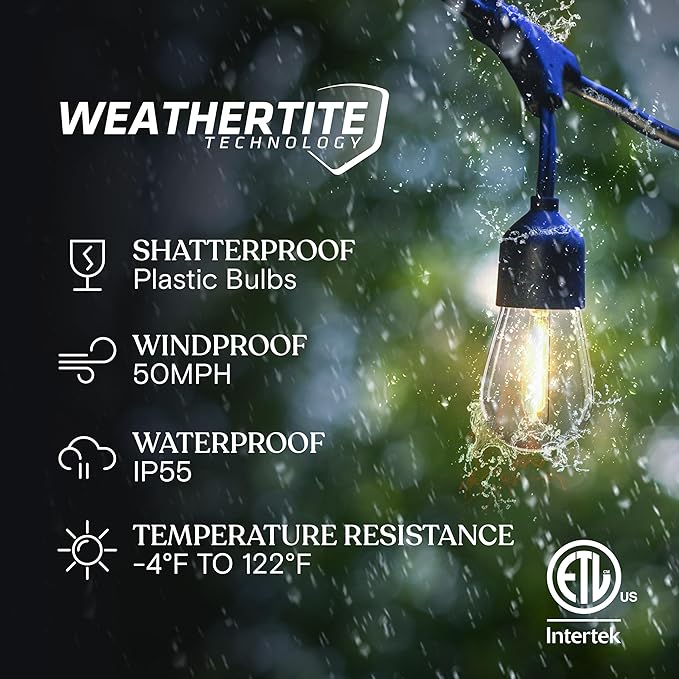 Brightech Ambience Pro Solar Powered Outdoor String Lights, 48 ft Commercial Grade Waterproof Patio Lights, Shatterproof LED String Lights for Outside, Porch - 15 Edison Bulbs, 1W Warm White