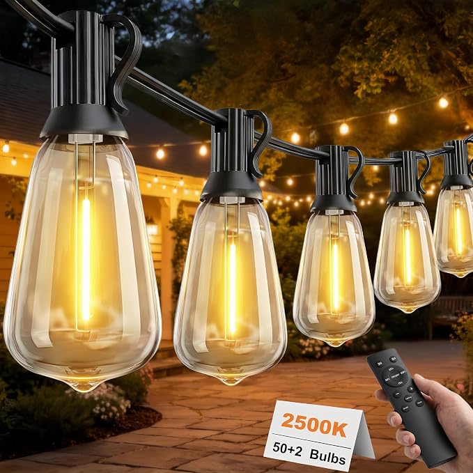100FT Remote Outdoor String Lights for Outside, 50+2 LED Waterproof Shatterproof Edison Dimmable Timer Bulbs, 2500K Warm White Patio Lights for Garden Backyard Yard Hanging Lighting
