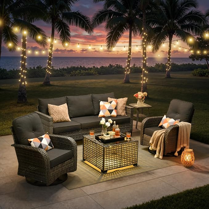 5-Piece Outdoor Patio Furniture Set with Swivel Chairs, Outdoor Conversation Wicker Sofa with Coffee Table, Rattan Couch for Deck, Backyard, Poolside (Black)