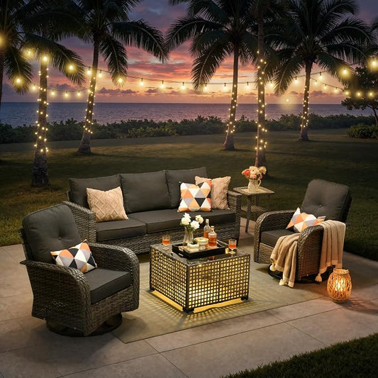 5-Piece Outdoor Patio Furniture Set with Swivel Chairs, Outdoor Conversation Wicker Sofa with Coffee Table, Rattan Couch for Deck, Backyard, Poolside (Black)