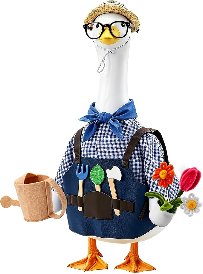 SIQUK Gardener Porch Goose Outfit Porch Goose Clothes Fit 23'' Geese Statue | Porch Goose Costume, With Hat Glasses Scarf Tools Watering Can Flower Pot, For Spring Summer Garden Yard Lawn Decor