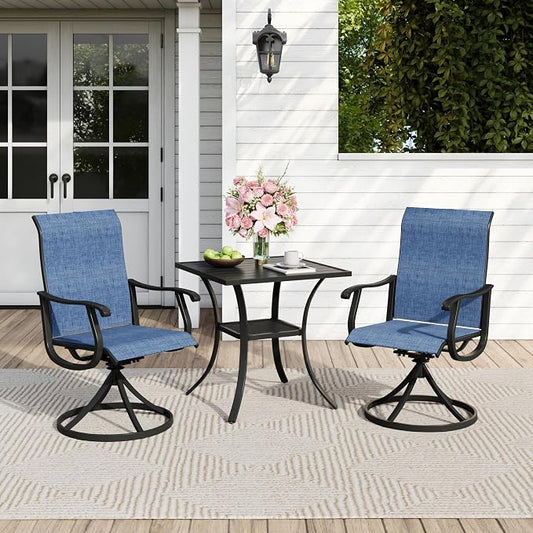 Outdoor Dining Set for 2, 28" Metal Square Outdoor Dining Table and Sling Patio Swivel Chairs, 3 Pieces Patio Table and Chairs Set for Garden Backyard, Dark Blue and Black