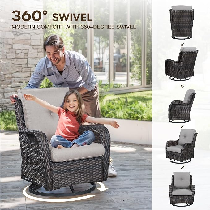 Patio Loveseat Glider Set, Resin Wicker Loveseat Glider with 2 Swivel Patio Chiars Coffee Table and Side Table, 5 Piece Patio Furniture Loveseat Set, Brown Wicker|Beige Cushions