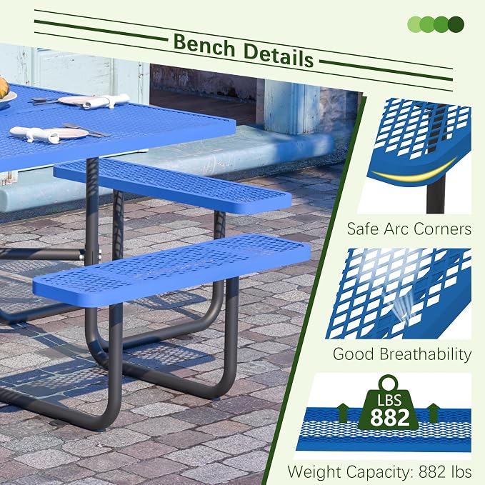 46'' Heavy Duty Outdoor Picnic Table - Commercial Grade Square Steel Picnic Table Set, Umbrella Hole, Rust-Resistant Metal Mesh Tabletop for Patio, Garden, Park, BBQ - Blue