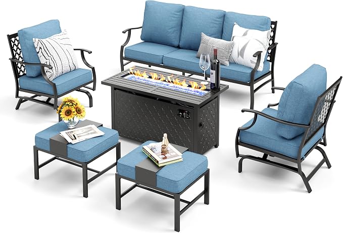 MIXPATIO Patio Furniture Set, 6 Pcs Metal Outdoor Conversation Set, 2 Rocker Chairs, 2 Ottomans and 3 Seater Sofa with 5.75" Extra Thick Cushion and Gas Fire Pit Table, Navy Blue
