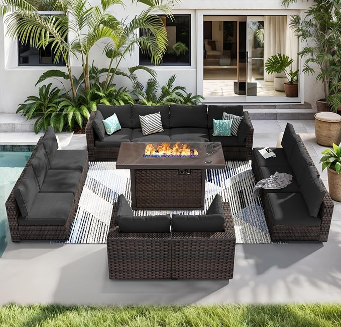 13 Piece Patio Furniture Set with Fire Pit Table All Weather PE Rattan Outdoor Sectional Sofa Couch with No-Slip Cushions for Garden, Poolside, Backyard (Black)