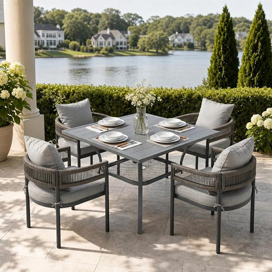 VICLLAX Patio Dining Set, 37.8" Dark Grey Table & 4 Chairs with Grey Cushion