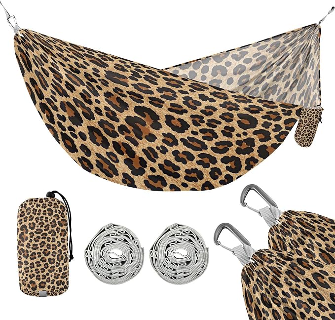 Brown Leopard Print Camping Hammock, Portable Lightweight Single Hammock with Tree Straps and Aluminum Carabiners, 114" x 54" Travel Hammock for Hiking Backpacking Beach