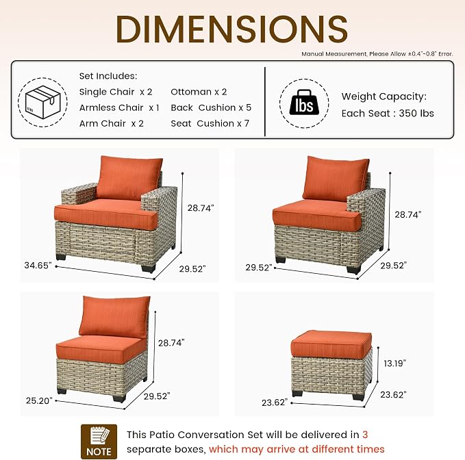 CAODOC Patio Furniture Sets 7 Pieces Outdoor Sectional Rattan Sofa Manual Weaving Wicker Patio Conversation Set with Ottomans and T Cushion(Red)
