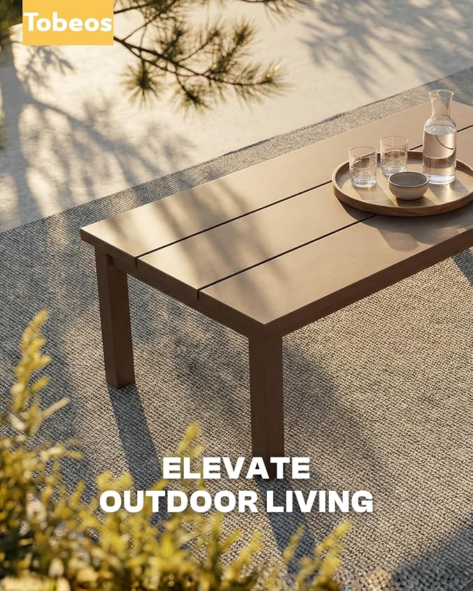 HDPE Outdoor Coffee Table, Weather-Resistant Rectangle Patio Coffee Table with Large Tabletop for Balcony, Deck, Garden, Poolside (Brown)