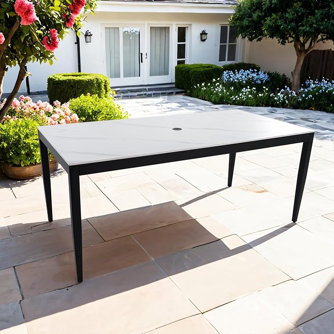 Luxury Outdoor Aluminum Dining Table for 6-8, Rectangular Patio Table with White Marble Pattern Sintered Stone Top, Post Tapered Legs for Garden, Lawn, Weatherproof & Rust-Free