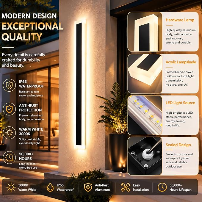 2Pack 23.6inch Long Outdoor Modern LED Wall Light,18W Waterproof IP65 Warm White 110V led Wall Mount Lighting Fixture Rectangular Black Wall Lights Elegant Frosted White Acrylic Anti Rust