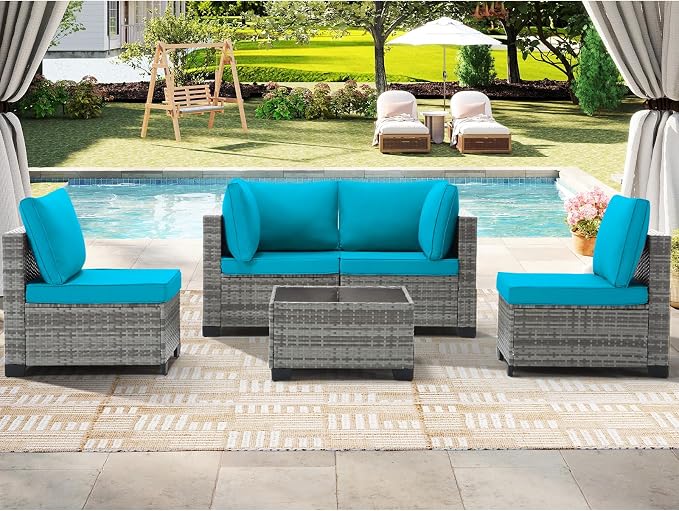 CANMOV 5 Pieces Patio Furniture Sets, All Weather Outdoor Patio Conversation Set, PE Wicker Rattan Sectional Sofa Couch Glass Coffee Table Washable Cushions for Backyard, Porch, Poolside, Peacock Blue