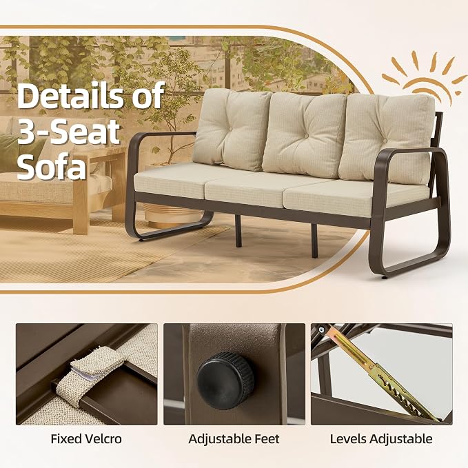 6 Pcs Aluminum Patio Furniture Set with Coffee Table Outdoor Conversation Sofa Set Include Adjustable 3-Seater Sofa, 2 Hydraulic Chair, 2 Ottoman for Balcony, Garden, Poolsid （Beige）