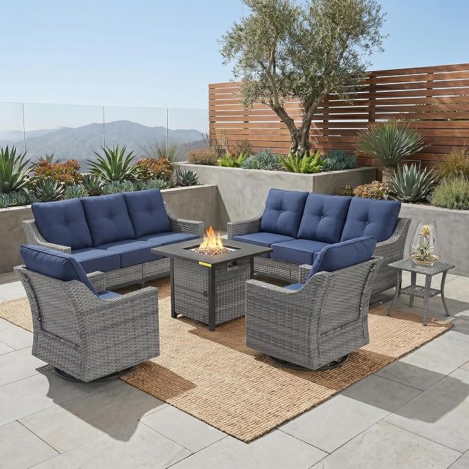 6 Piece Patio Furniture Set With Fire Pit ,360°Swivel Patio Chairs Set of 2,Outdoor 2 Sofas,Side Table,Cozy 60,000 BTU Square Fire Pit Table, All-Weather Wicker Patio Set With 6 Inch Thick Cushions