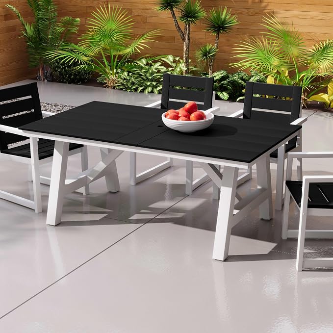 Costaelm Outdoor Dining Tables for Patio, 72" Rectangle 6-Person HDPE Dining Table with Umbrella Hole and Metal Frame for Outside, Garden, Poolside, Backyard, Porch, Balcony, Black
