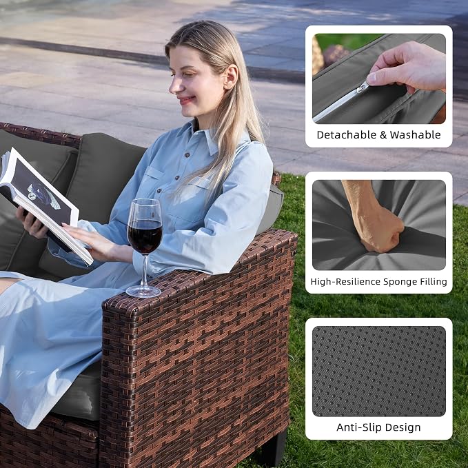 UDPATIO Patio Furniture Set, 5 Pieces Outdoor Conversation Sets with Rocking Swivel Chairs, Wicker Rattan Outdoor Sofa Set with Storage Table and Waterproof Covers for Backyard, Deck, Porch, Grey