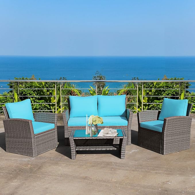 COSTWAY 4 Pieces Patio Rattan Furniture Set, Outdoor Wicker Sofa Set with Tempered Glass Coffee Table, Cushions, All Weather Rattan Conversation Set for Yard Balcony Backyard Pool (Turquoise)