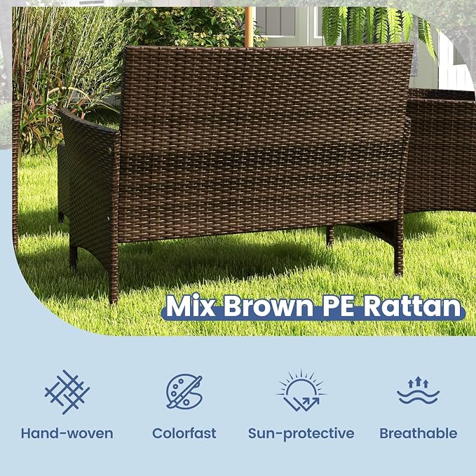 ORALNER 4 Pieces Patio Furniture Set, Rattan Chairs Loveseat with Soft Cushion and Glass Table, Outdoor Wicker Conversation Set for Balcony Garden Backyard Porch Poolside (Navy)