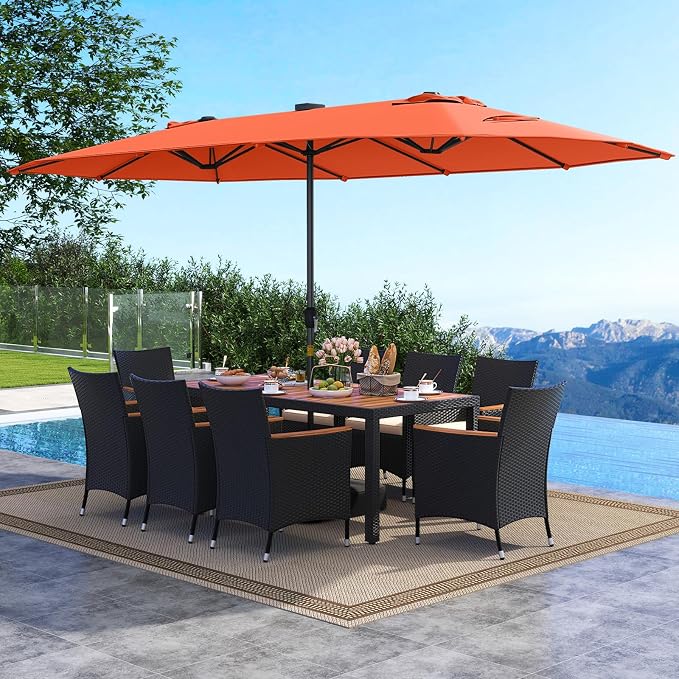Tangkula 11 Pieces Patio Dining Set with Double-Sided Led Patio Umbrella (Base Included), with 8 Stackable Chairs, Acacia Wood Dining Table and Large Umbrella with Solar Lights (Orange + Off White)