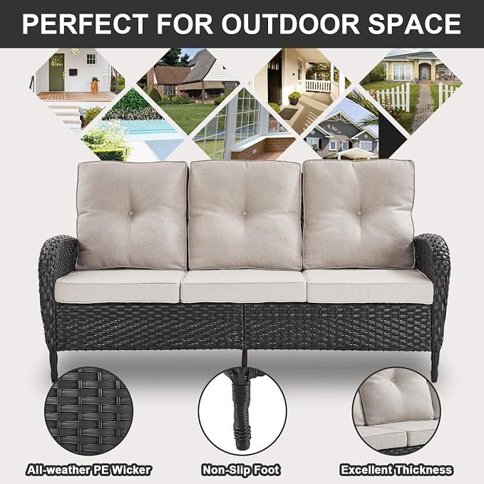 Belord Expansive 10 Pieces Outdoor Patio Furniture Set with 43” Propane Fire Pit Table, Patio Conversation Set with Swivel Rocker Outdoor Chairs Set of 4 and Sofa, Ottoman and Wicker Side Table Black
