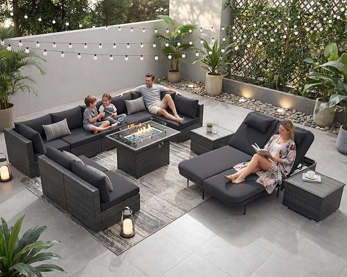 NICESOUL 13 Piece Patio Furniture Set with Fire Pit Table, Luxury Wicker Outdoor Patio Sectional with Fire Pit & Chaise Lounge, 29.3" Highback Extra Large Size Wide Deep Seating, Dark Gray