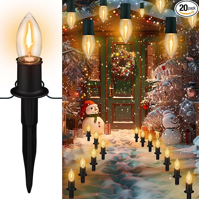 TIORIY Christmas Pathway LED Lights Outdoor, 20 Lights C9 Walkway Lights with Stakes, 24.2ft Clear Driveway Christmas Lights for Pathway, Warm White, Extendable for Outdoor Decorations