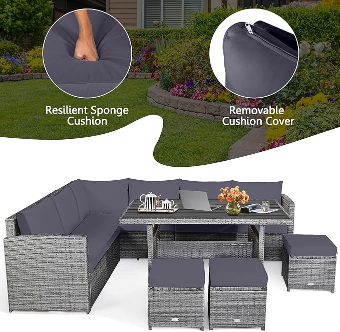 HAPPYGRILL 7 Pieces Rattan Wicker Patio Conversation Set, Outdoor Patio Furniture Set with Cushions, Rattan Sofa Set with Dining Table & Ottomans for Poolside Backyard Balcony Garden (Grey)