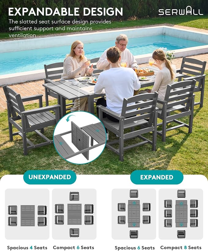 SERWALL Outdoor Expandable Dining Table 60" - 83", Grey | Patio Dining Table for 4-8 People, All Weather HDPE and Aluminum Outdoor Furniture