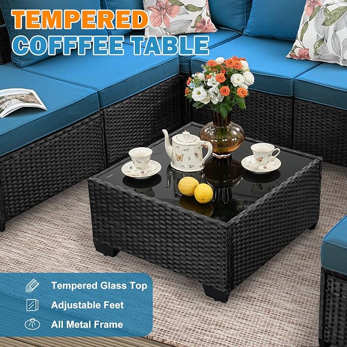 6-Piece Outdoor Patio Furniture Set, Modular Wicker Sectional Sofa with Thick Cushions & Coffee Table, All-Weather Rattan Conversation Set for Backyard, Porch, Poolside, Peacock