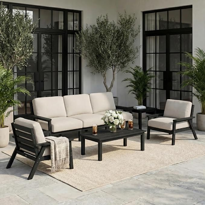 7 Piece HDPE Outdoor Furniture Set with Beige Cushions (Black Frame) | All-Weather HDPE, Modular Design, Extra-Deep Seating, Thick Cushions, Ideal for Backyard, Deck & Porch