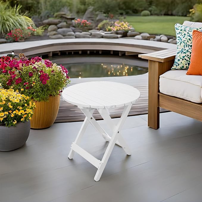 Outdoor Wooden Side Table, Folding Patio End Table, Small Round Furniture Table for Adirondack Chair, Balcony, Porch, Acacia Wood, No Assembly, White