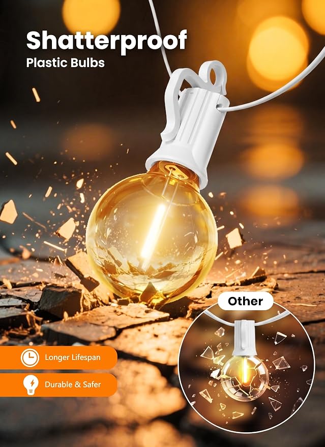 Outdoor String Lights, 50FT 25 LED Bulbs IP65 Waterproof Patio Lights | Shatterproof Dimmable Hanging Connectable G40 Globe LED Outdoor Lights for Christmas, Backyard, Bistro, Porch