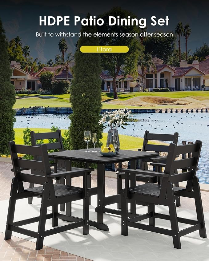 GREENVINES 5-Piece-Outdoor-Dining-Set | HDPE | Square | Patio Furniture | All Weather | Removable Armrests | Slatted Table and Chairs Sets for 4 | for Backyard Poolside Garden | Black