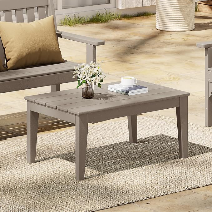 Costaelm Adirondack Outdoor Coffee Table, HDPE Drink Table Weather Resistant, Patio Porch Accent Balcony Table Outdoor End Table for Pool, Seaside, Backyard, Weathered Wood