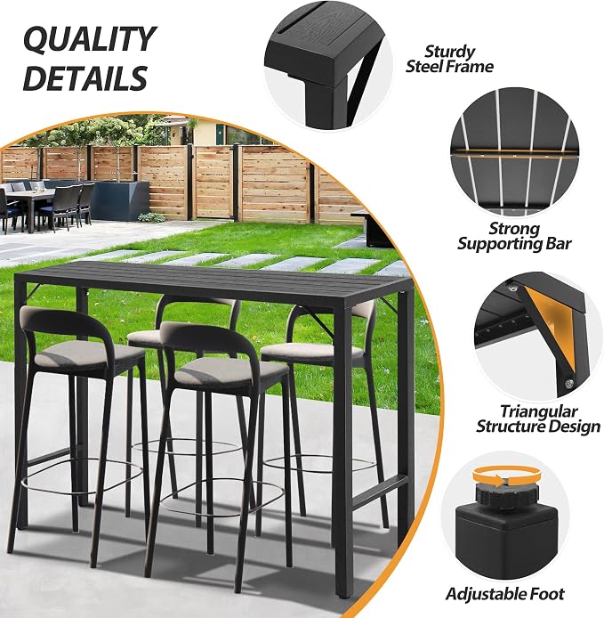 Outdoor Bar Table, 55” Patio Bar Height Table, Bar Counter Pub Dining Table with Waterproof Top for Balcony, Garden, Yard, Poolside (Black)
