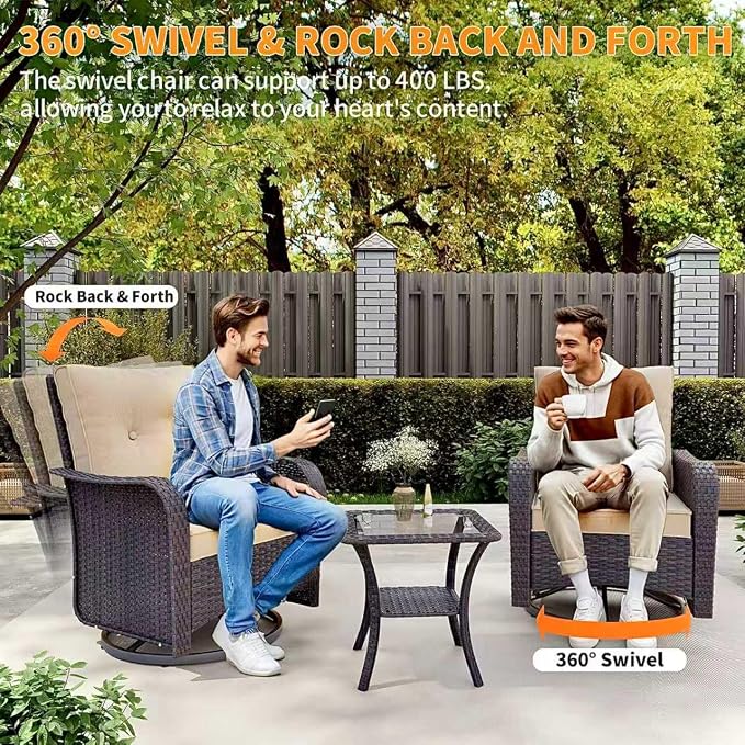 Gotland 11 Pieces Patio Furniture Set with Fire Pit Table Swivel Chairs, PE Rattan Outdoor Furniture with 29.5'' High Backrest 4’’ Thick Cushions, Outdoor Sectional for Porch, Deck, Garden, Khaki