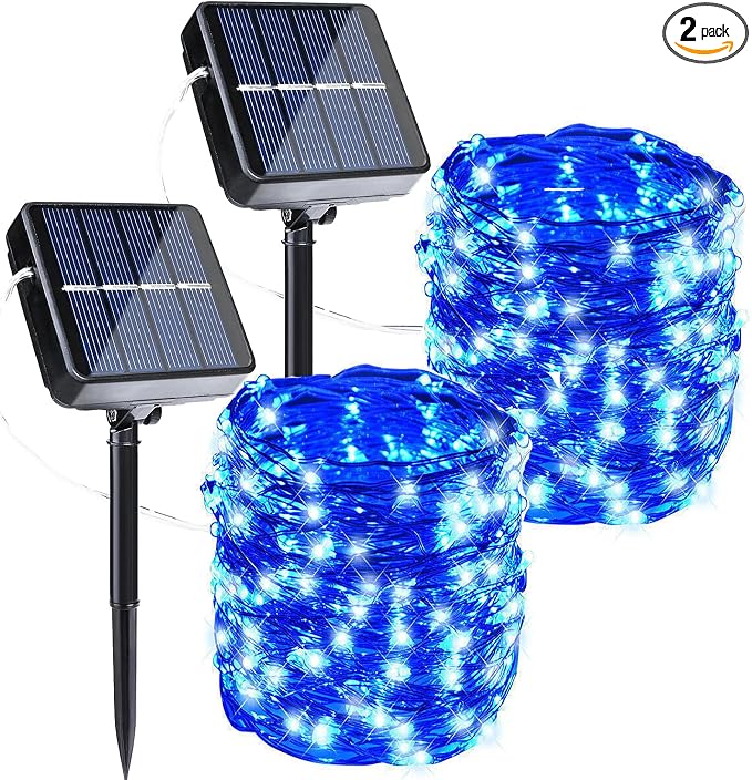 Joomer Solar Fairy Lights, 2-Pack Total 80FT 240LED String Lights, Blue | Silver Wire, Solar String Light Waterproof 8 Lighting Modes for Patio Fence Party Garden Yard Home Outdoor Decoration