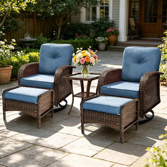 All Weather Patio Furniture Set, High Back Swivel Rocker Glider Chairs，Ottomans & Glass Tables, Outdoor Conversation Set for Deck Porch Yard Poolside (Blue, 5PCS-Swivle Chairs&Ottomans&Table)