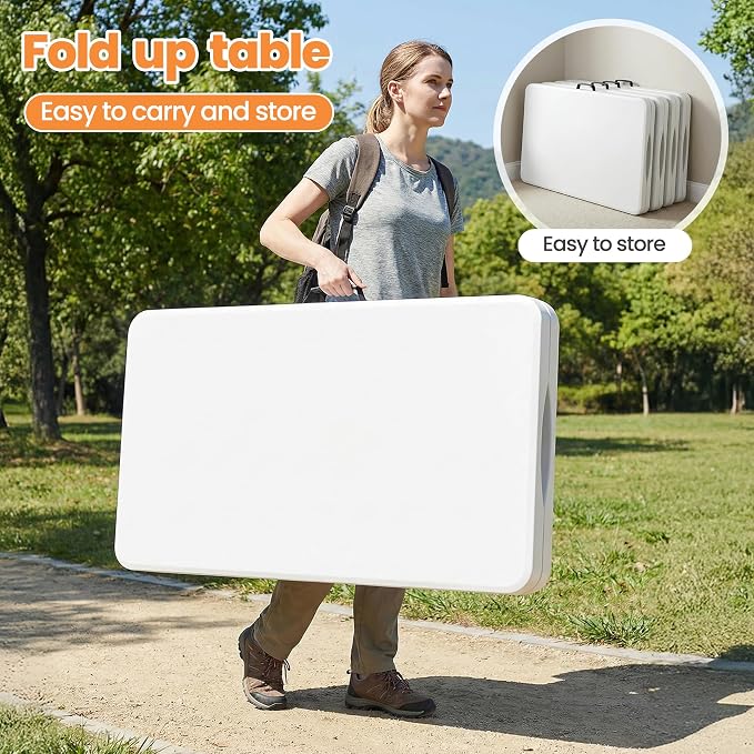 6 FT Folding Table Set with 6 White Plastic Folding Chairs, Heavy Duty Fold-in-Half Utility Table Sets for Picnic, Event, Training, Outdoor Activities, at Home and Commercial Use