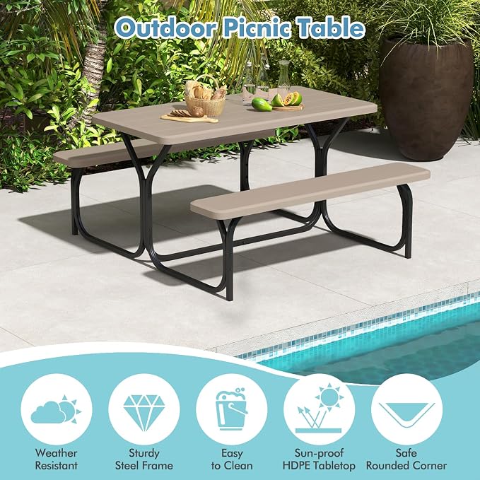 ORALNER Picnic Table, Plastic Dining Table & 2 Benches Set, Weather Resistant Wood Grain Resin Tabletop & Steel Frame, Picnic Tables for Outdoors, Porch Yard Patio Lawn Party Camping (Light Brown)