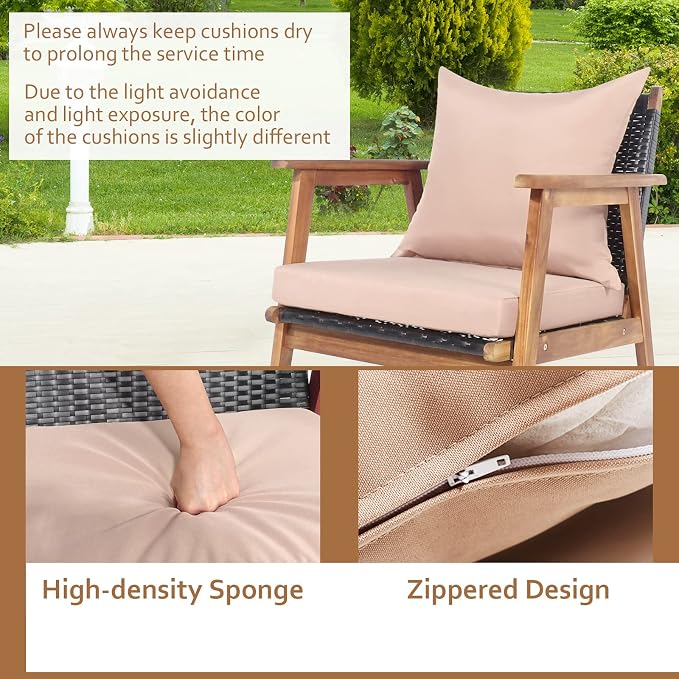 Tangkula 4-Piece Patio Furniture Set, Outdoor Acacia Wood Conversation Set with Cushions and Coffee Table, Outdoor PE Wicker Sectional Sofa Set for Garden, Poolside and Backyard (1, Beige)