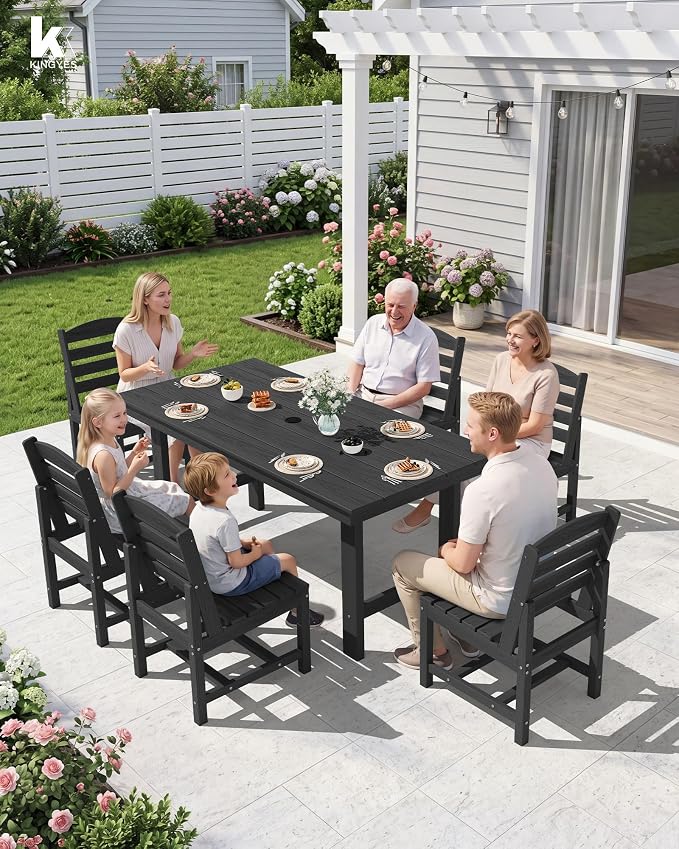KINGYES 7-Piece Patio Dining Set, HDPE Table and Armless Chairs Outdoor Furniture Set with Umbrella Hole, Black