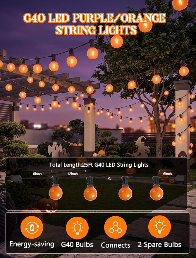 25Ft LED Outdoor Halloween Decorations Lights, 25 G40 Orange Globe Bulbs | Waterproof G40 Patio String Lights, Connectable Shatterproof Hanging Outdoor Lights for Porch Yard Garden Halloween Party