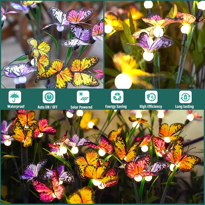 TONULAX Solar Garden Lights - 4 Pack Swaying Butterfly Light, Swaying in The Wind, Solar Outdoor Lights, Yard Patio Pathway Decoration, High Flexibility Iron Wire & Realistic Butterflies