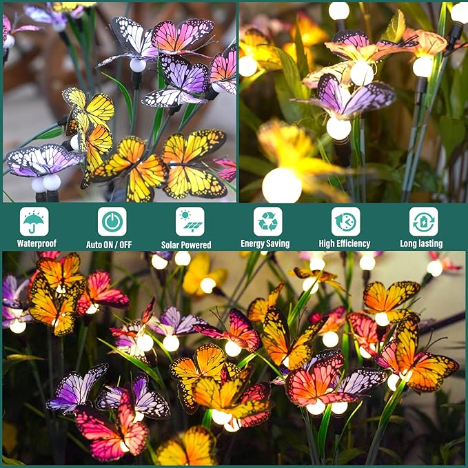 TONULAX Solar Garden Lights - 2 Pack Swaying Butterfly Light, Swaying in The Wind, Solar Outdoor Lights, Yard Patio Pathway Decoration, High Flexibility Iron Wire & Realistic Butterflies
